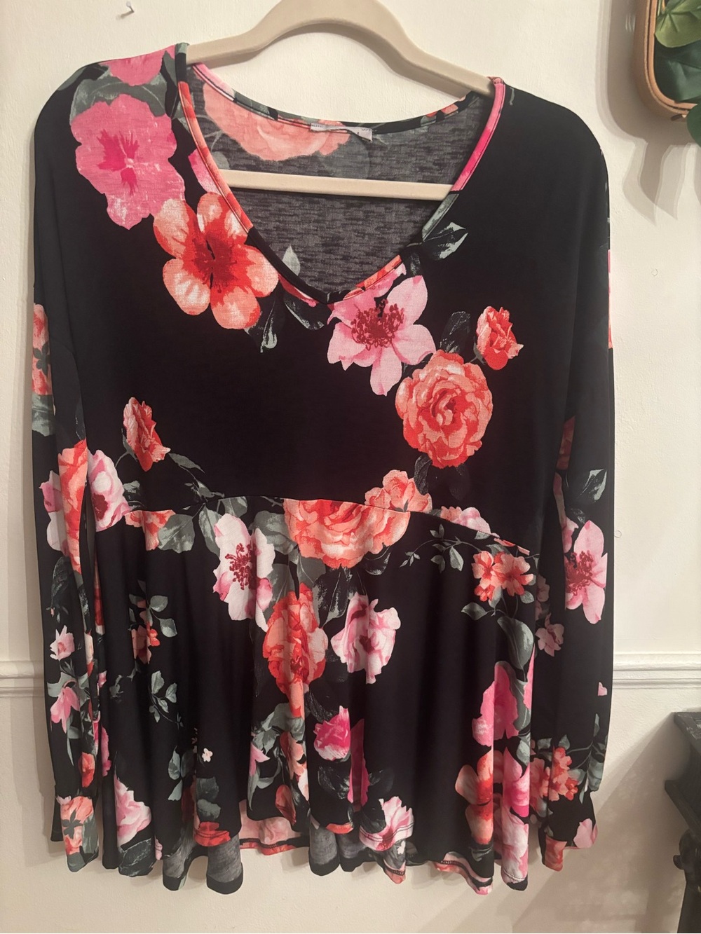 Black Floral V-Neck Babydoll Top - Pink & Coral Flowers